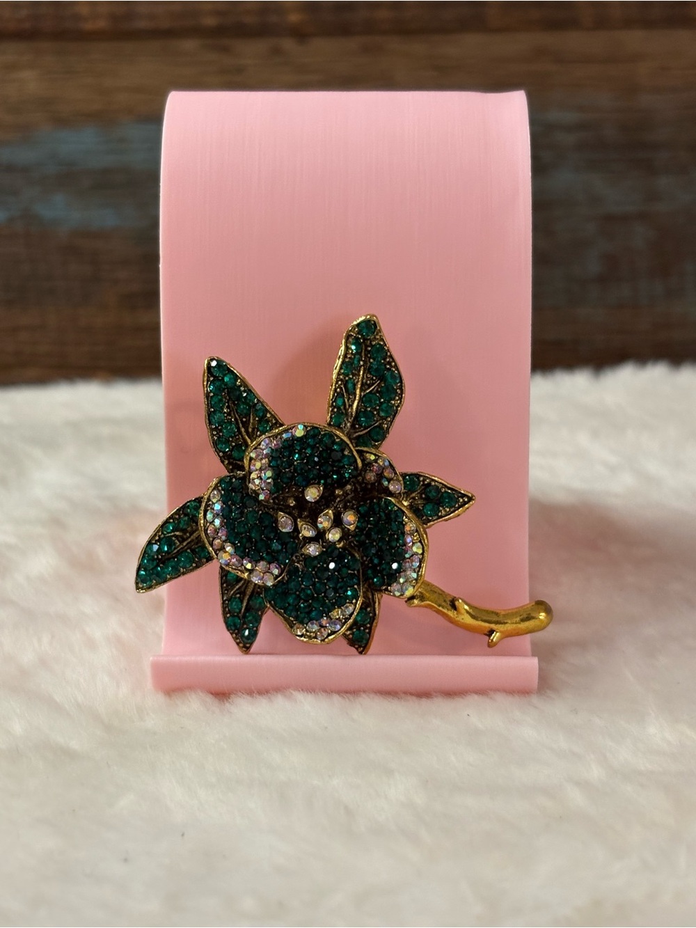 Gold-Tone Green Crystal Flower Brooch - Elegant Floral Pin